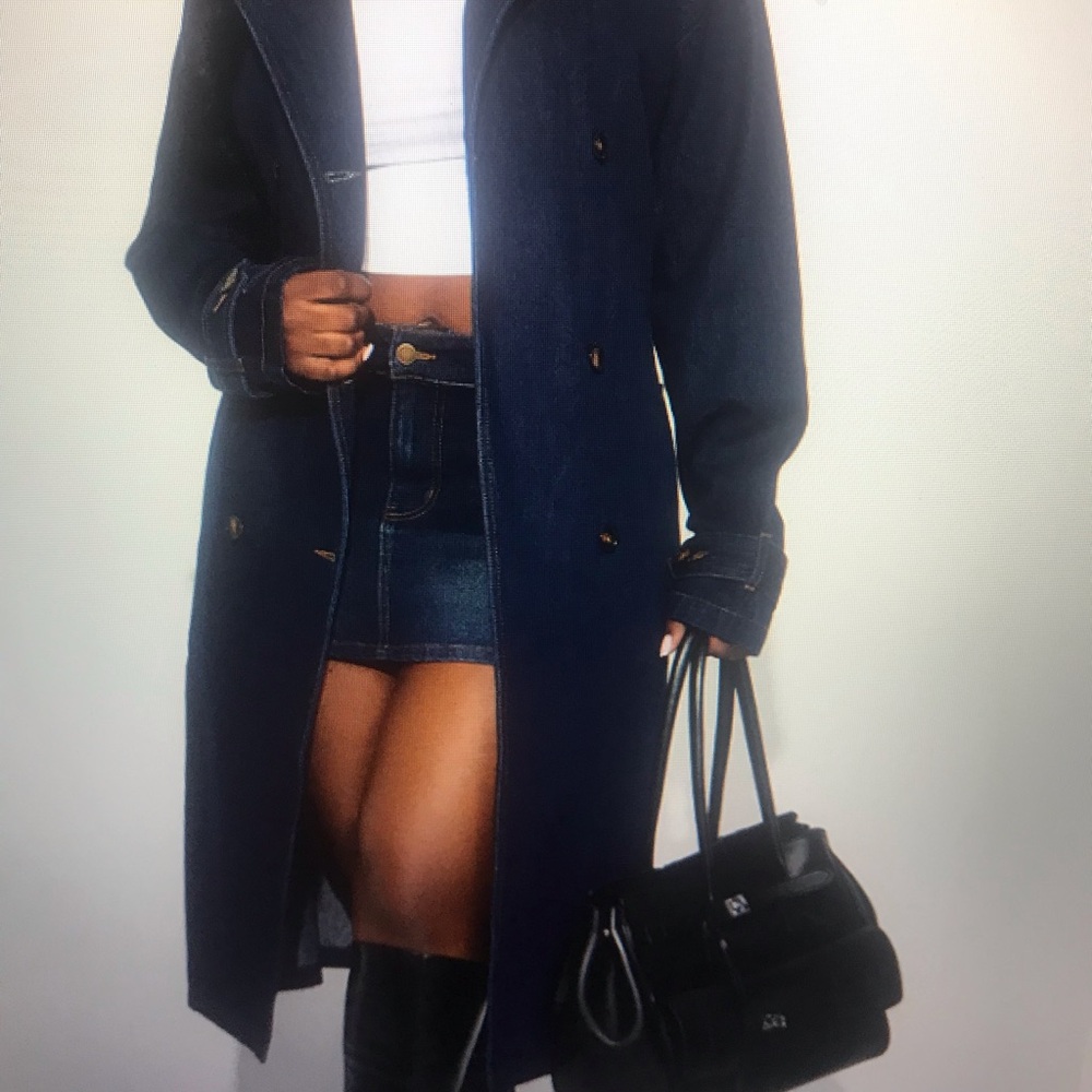 Dark Blue Women's Long Coat - Stylish Double-Breasted Jacket